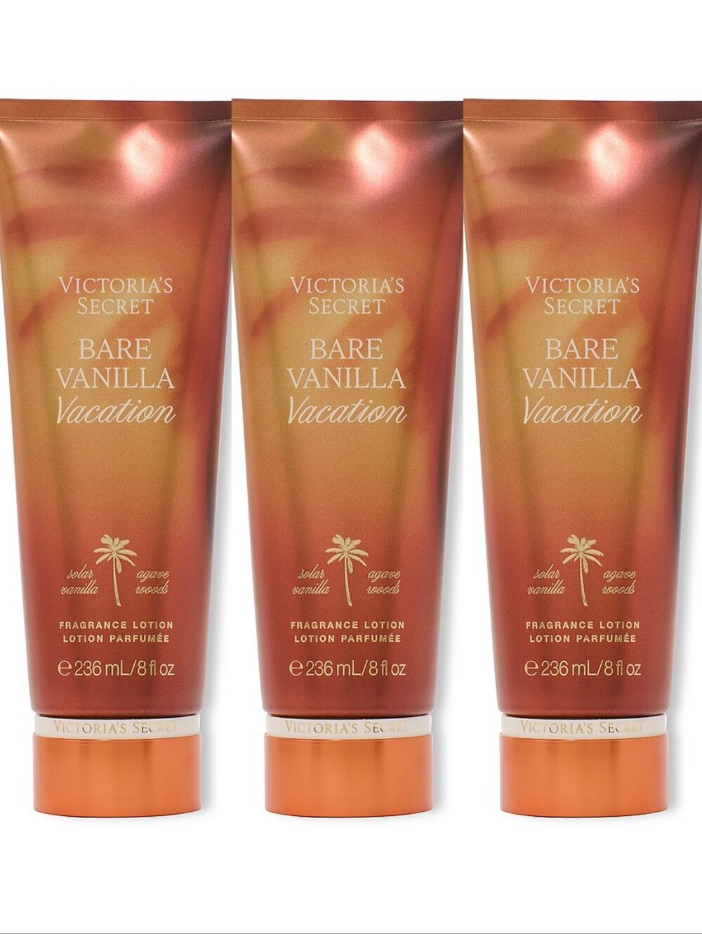 Victoria's Secret Bare Vanilla Vacation Fragrance Body Lotion Set of 3 NEW